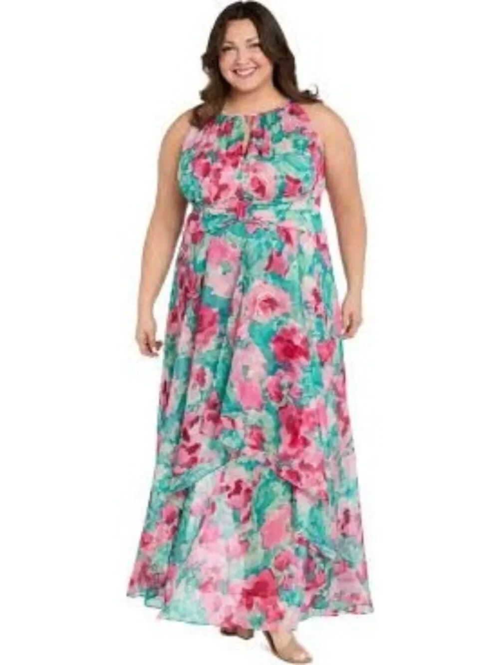 R&M Keyhole Halter Neck Floral Print Chiffon Layered Dress Size 18W